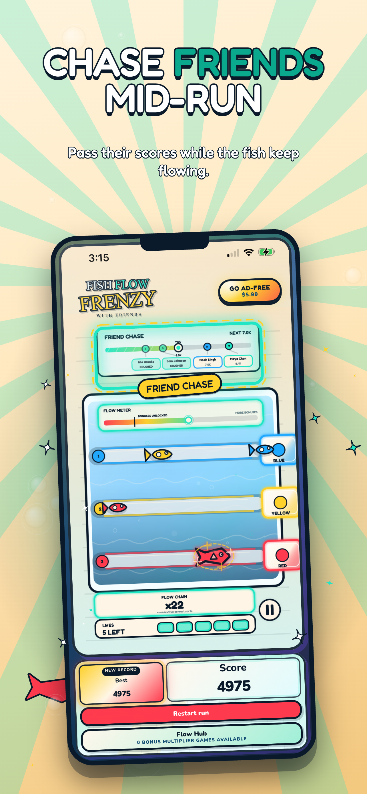 Fish Flow Frenzy gameplay showing Friend Chase scores above the tank